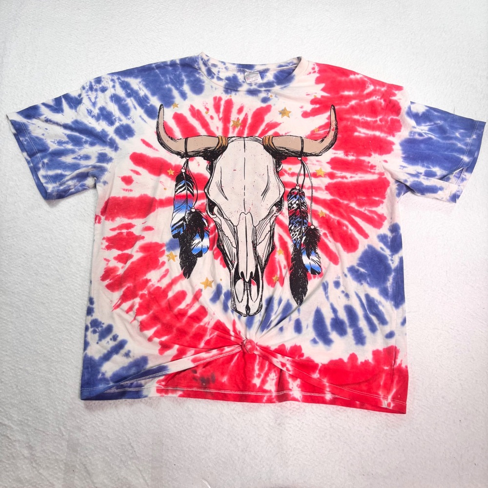 Patriotic Tie Dye Skull Graphic T Shirt Womens XL 15-17 Red White Blue Western